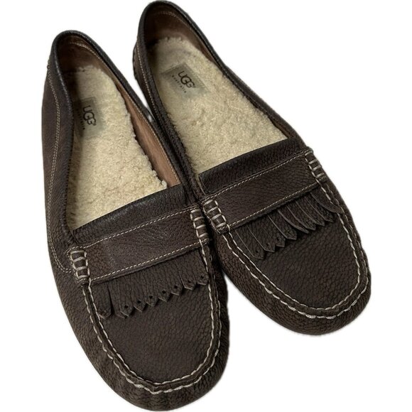 UGG Australia Sheep Skin Lonna Fringe Leather Slip On Moccasins Brown 12 Women’s - Picture 1 of 7